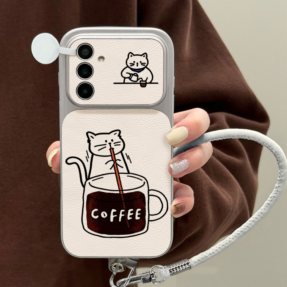 Phone Cases Leather - جراب هاتف بتصميم قطة لطيفة وقهوة